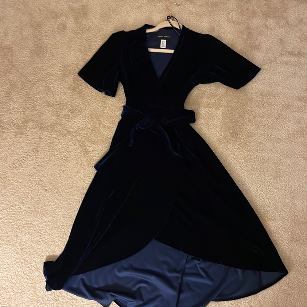 Navy Velvet Dress with waist tie